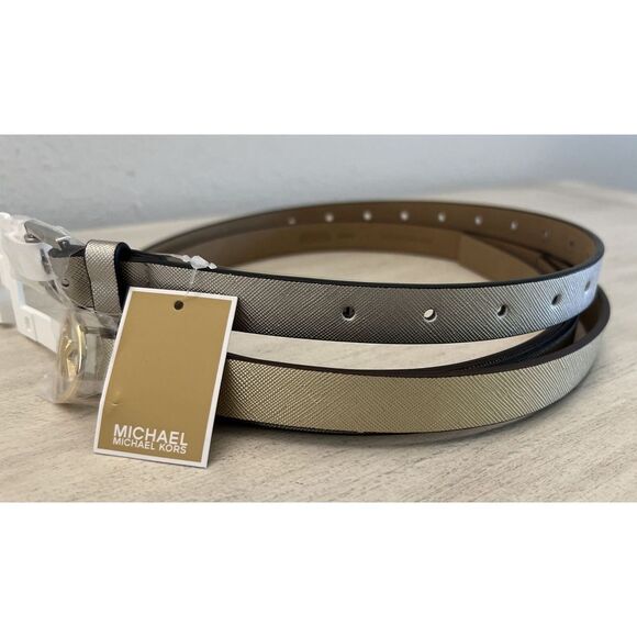 MICHAEL KORS BELT SET (2) METALLIC GOLD & Silver SKINNY MK LOGO Round BUCKLE - Picture 3 of 10